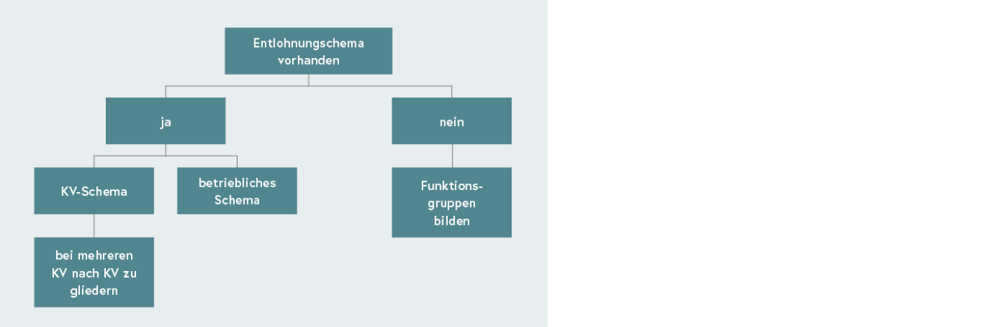 Grafik: Gliederung des Einkommensberichts - Ist ein Entlohnungsschema vorhanden, ist nach Kollektivvertrag (bzw. Kollektivverträgen) oder nach betrieblichem Schema zu gliedern. Gibt es kein Entlohnungsschema, sind Funktionsgruppen zu bilden.